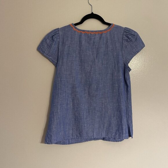 Talbots Women S Blue Linen Cotton Tropical Floral Embroidered Split Neck Top - Picture 11 of 11